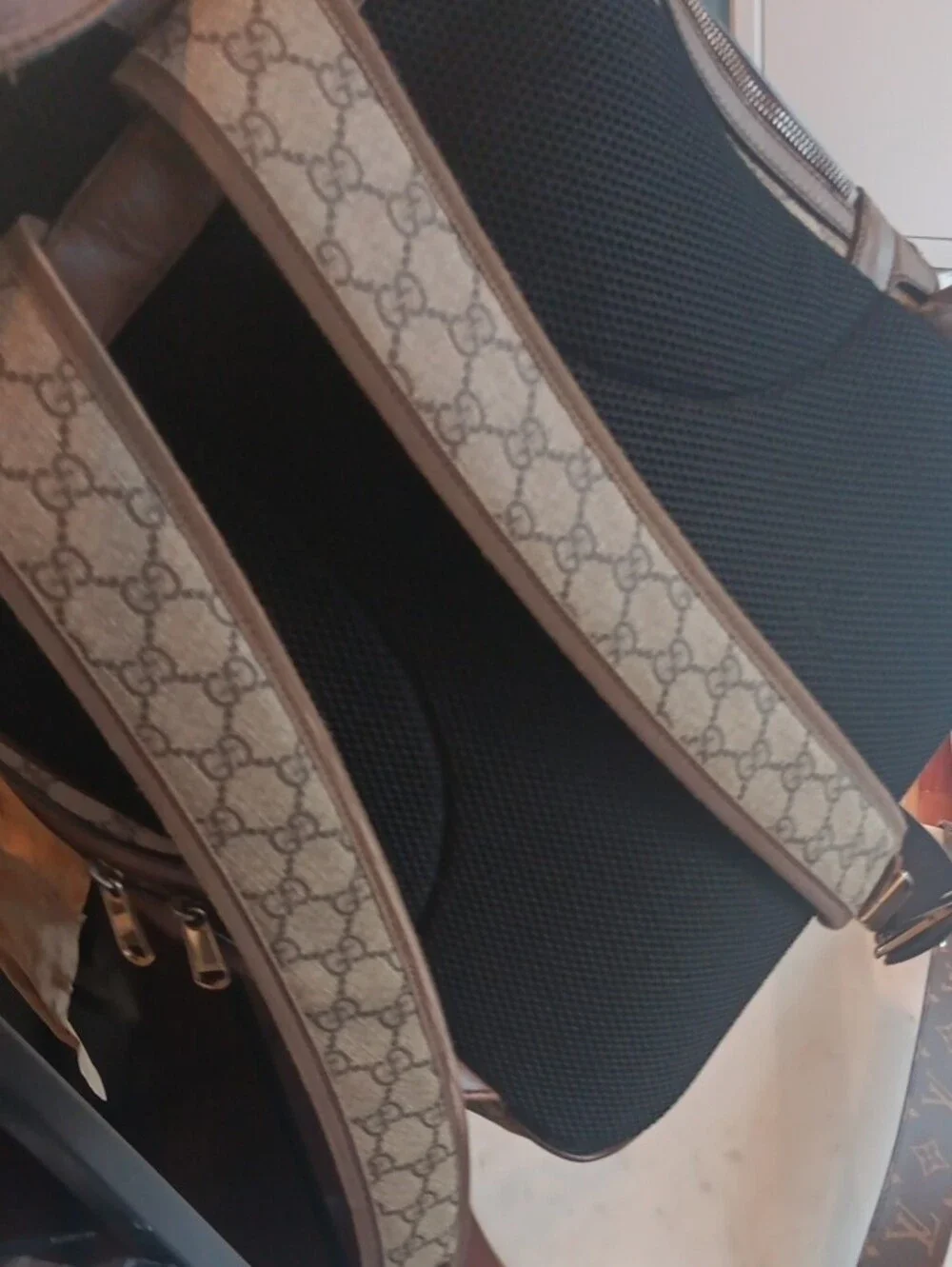 Gucci Beige Monogram Backpack with Green and Red Web Stripe